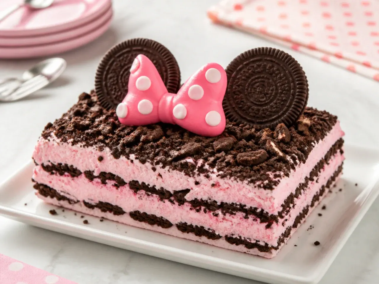 No-bake Minnie Mouse icebox cake with pink whipped cream and cookie ears