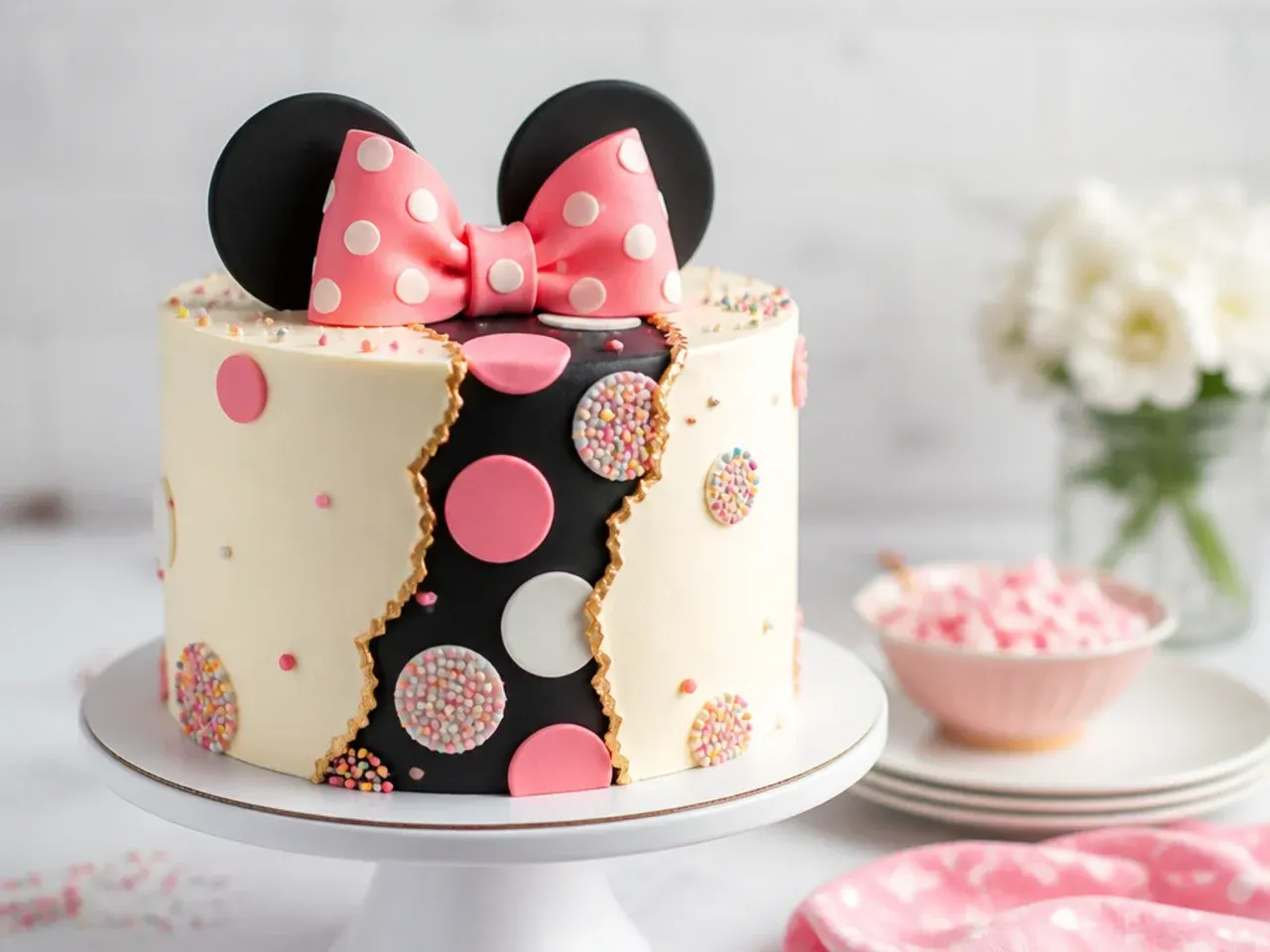 Modern fault line Minnie Mouse cake with sprinkle polka dots