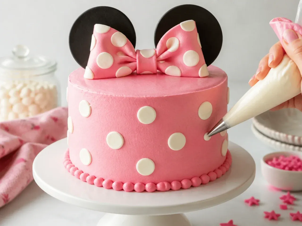 Baker piping polka dots on an easy Minnie Mouse cake