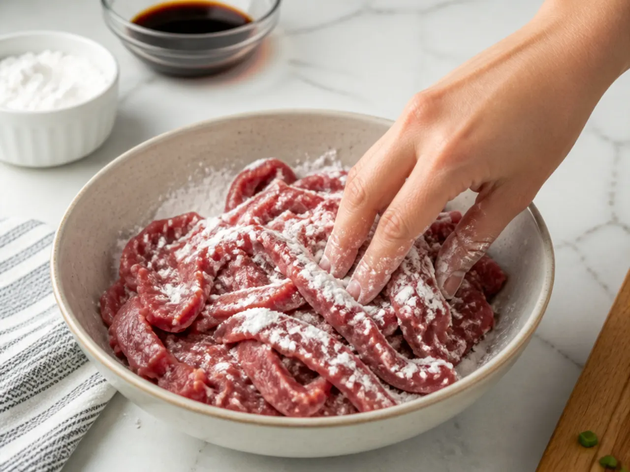 easy mongolian beef — step 2: coat in cornstarch