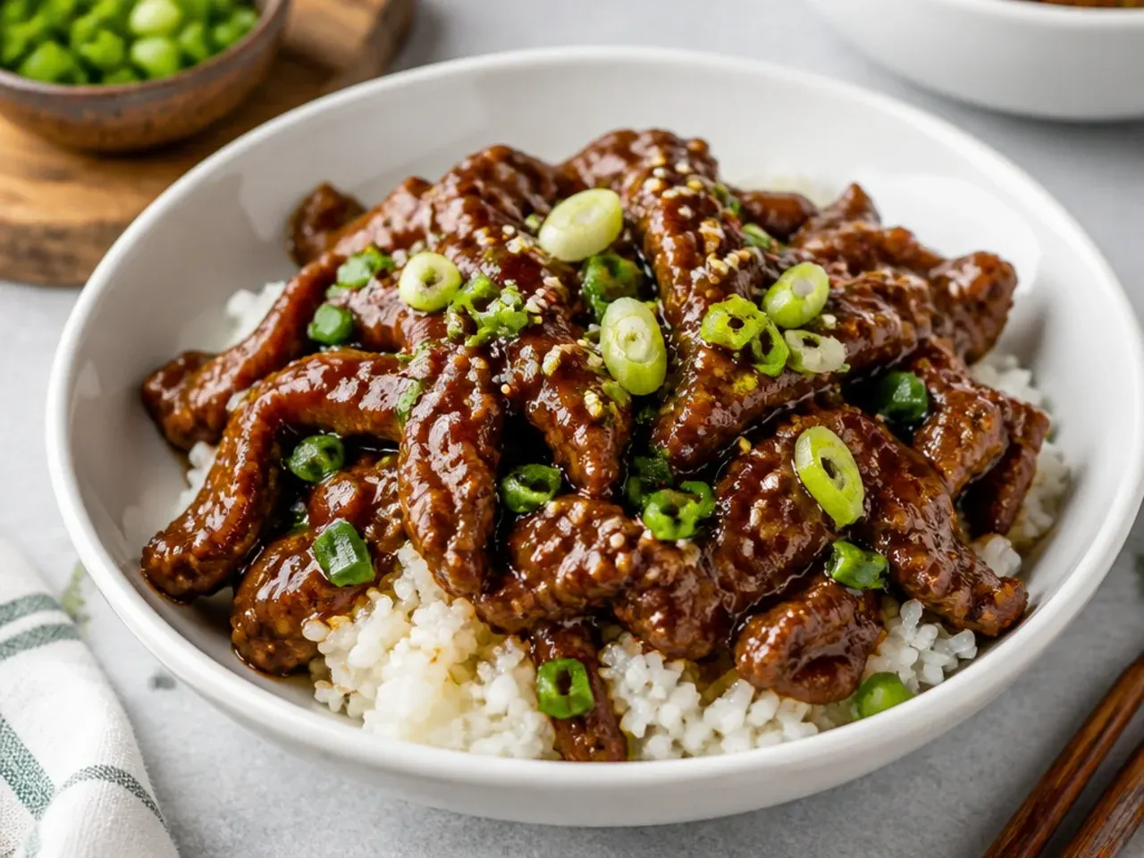 Easy Mongolian beef with glossy sauce and spring onions served over steamed rice