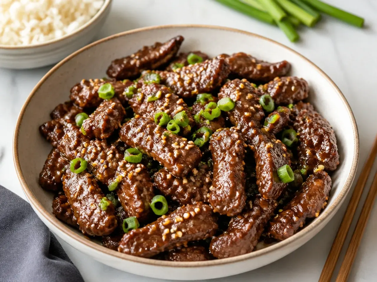 Classic easy Mongolian beef with crispy flank steak in sticky soy glaze