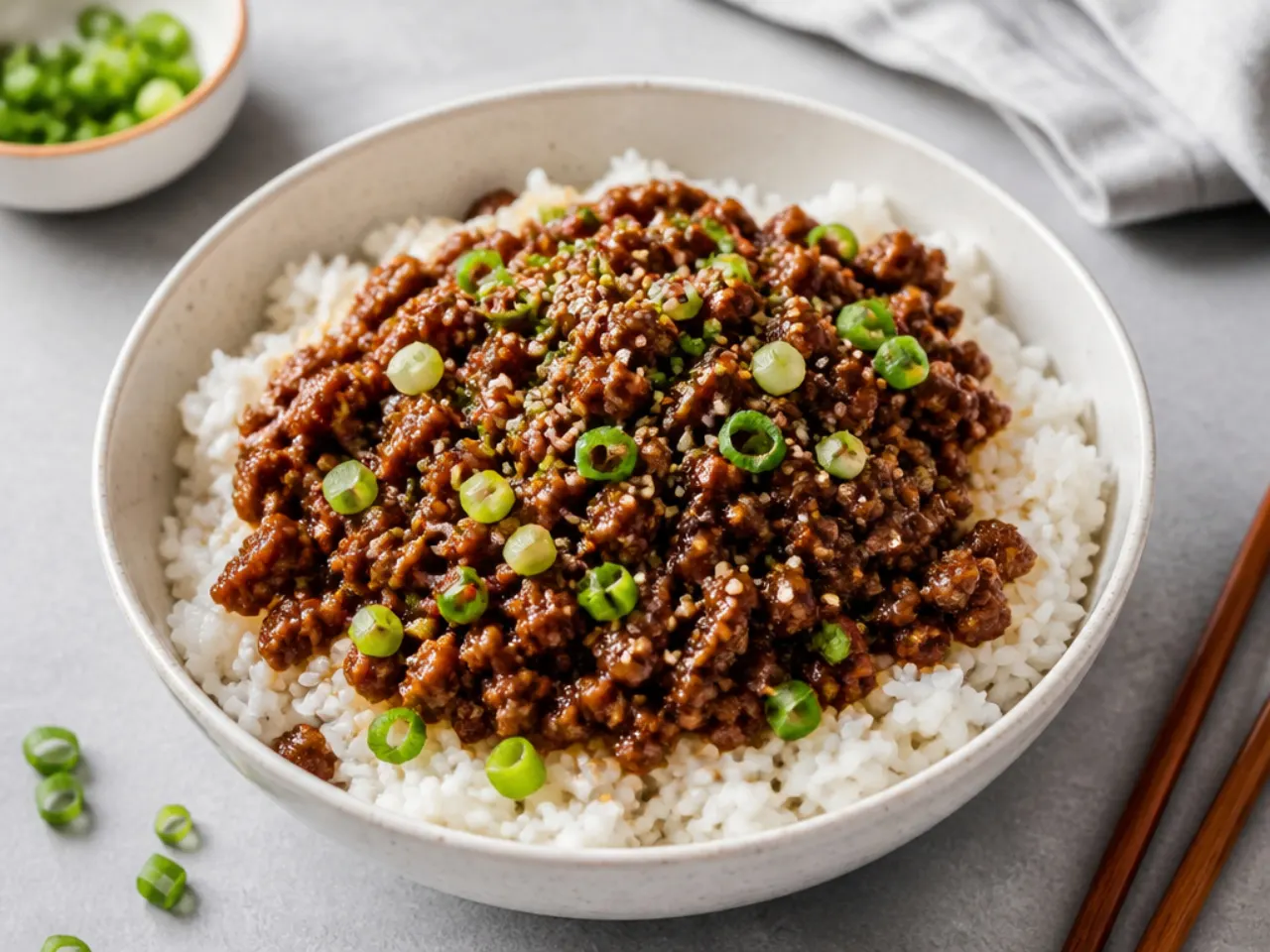 Easy Mongolian ground beef bowl with rice, sesame seeds and spring onions