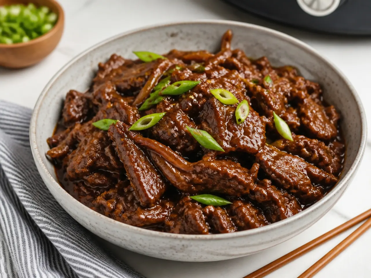 Slow cooker easy Mongolian beef with tender shredded strips in thick sauce