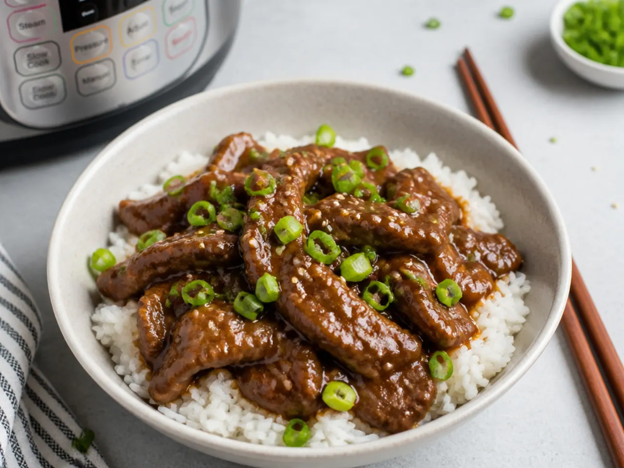 Instant Pot easy Mongolian beef recipe with tender beef in glossy sauce