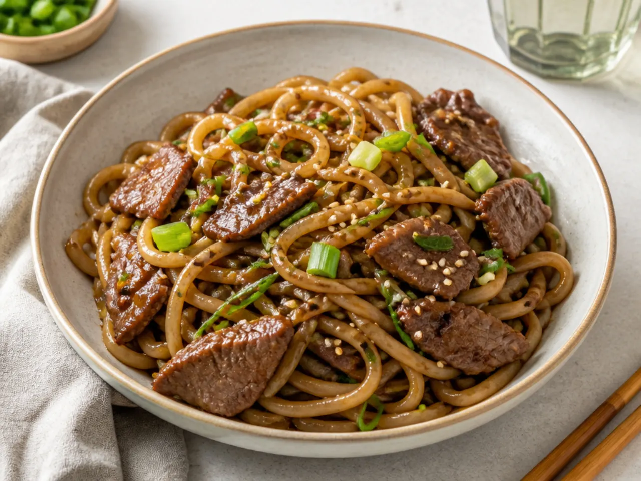 Easy Mongolian beef noodles with udon tossed in sweet soy sauce
