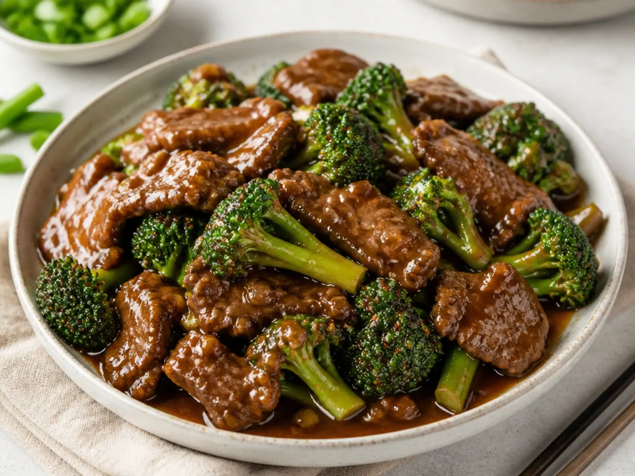 Easy Mongolian beef and broccoli stir fry with glossy brown sauce