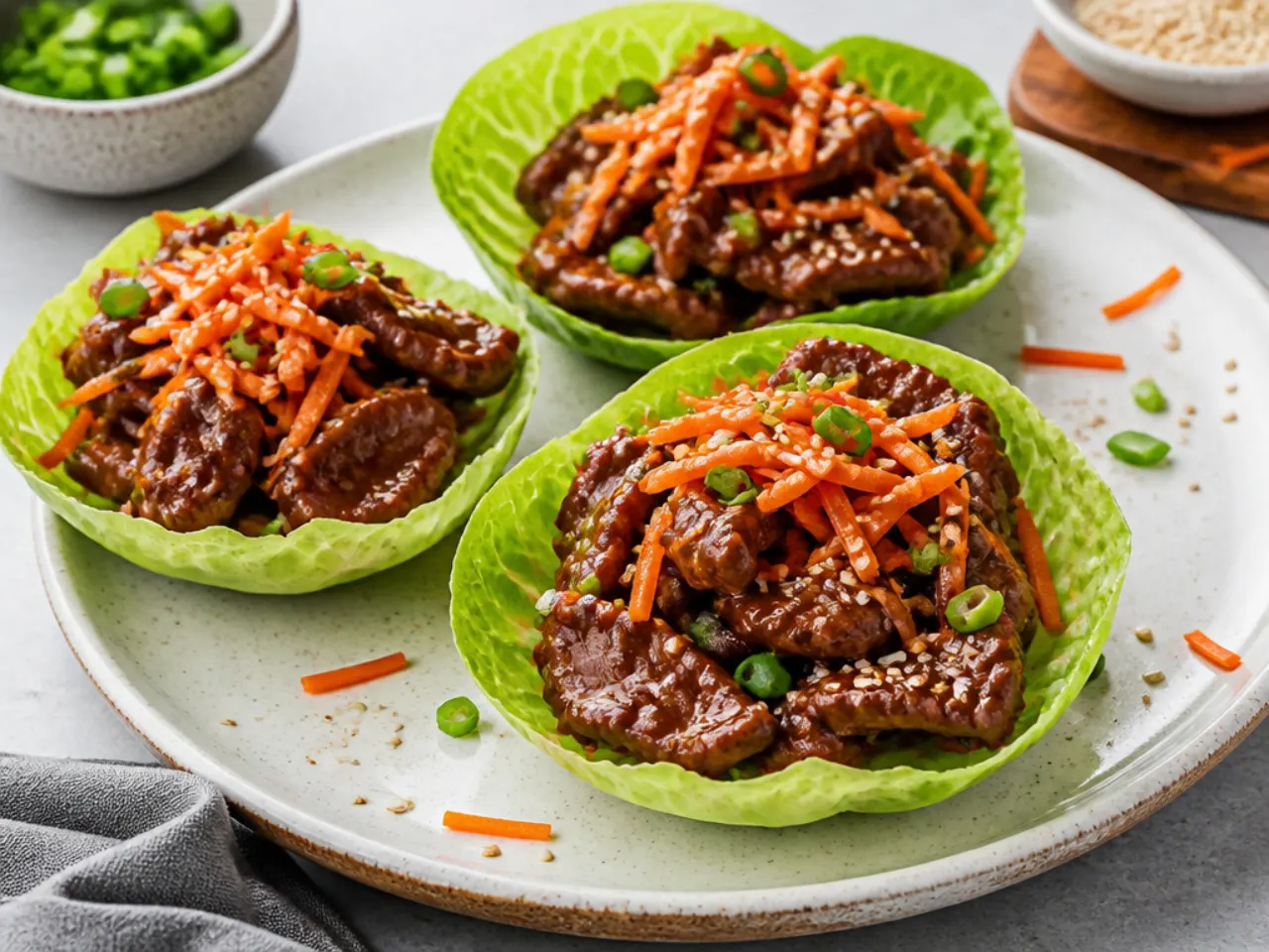 Easy Mongolian beef lettuce wraps with shredded carrot and sesame seeds