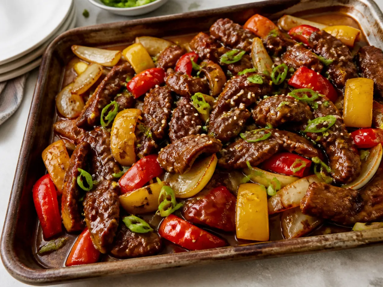 Sheet pan easy Mongolian beef with roasted peppers and onions