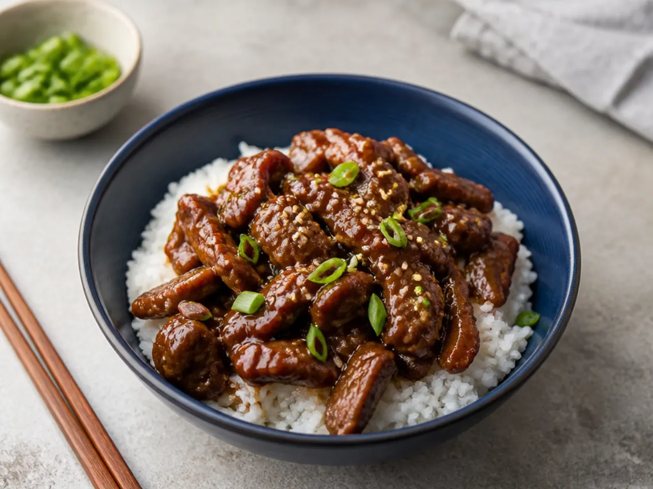Gluten free easy Mongolian beef made with tamari sauce over rice