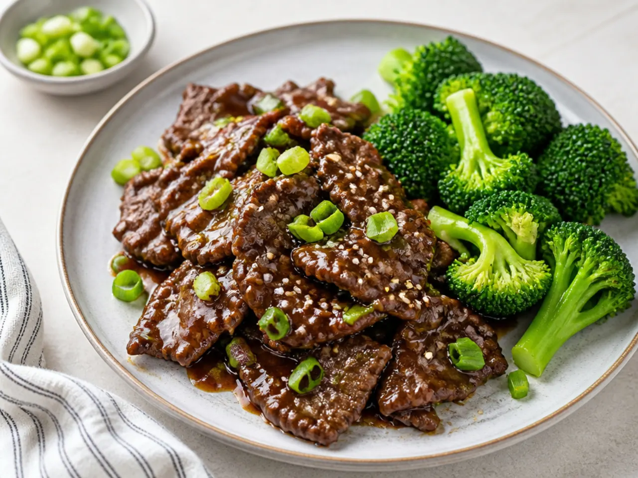 Lighter easy Mongolian beef with reduced sugar sauce and steamed greens