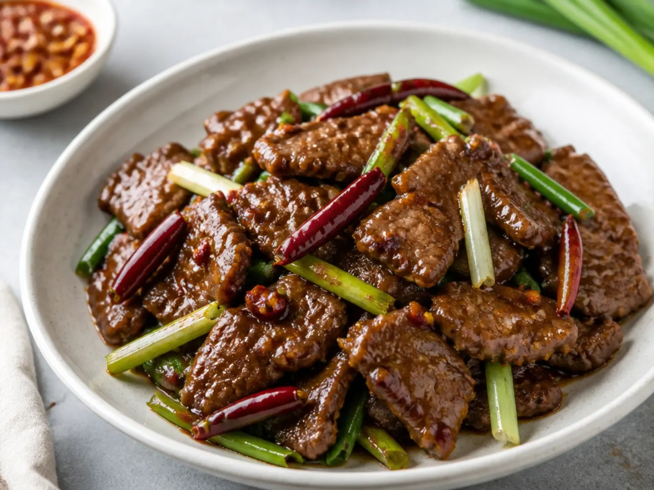 Spicy easy Mongolian beef with dried red chillies and chilli garlic sauce