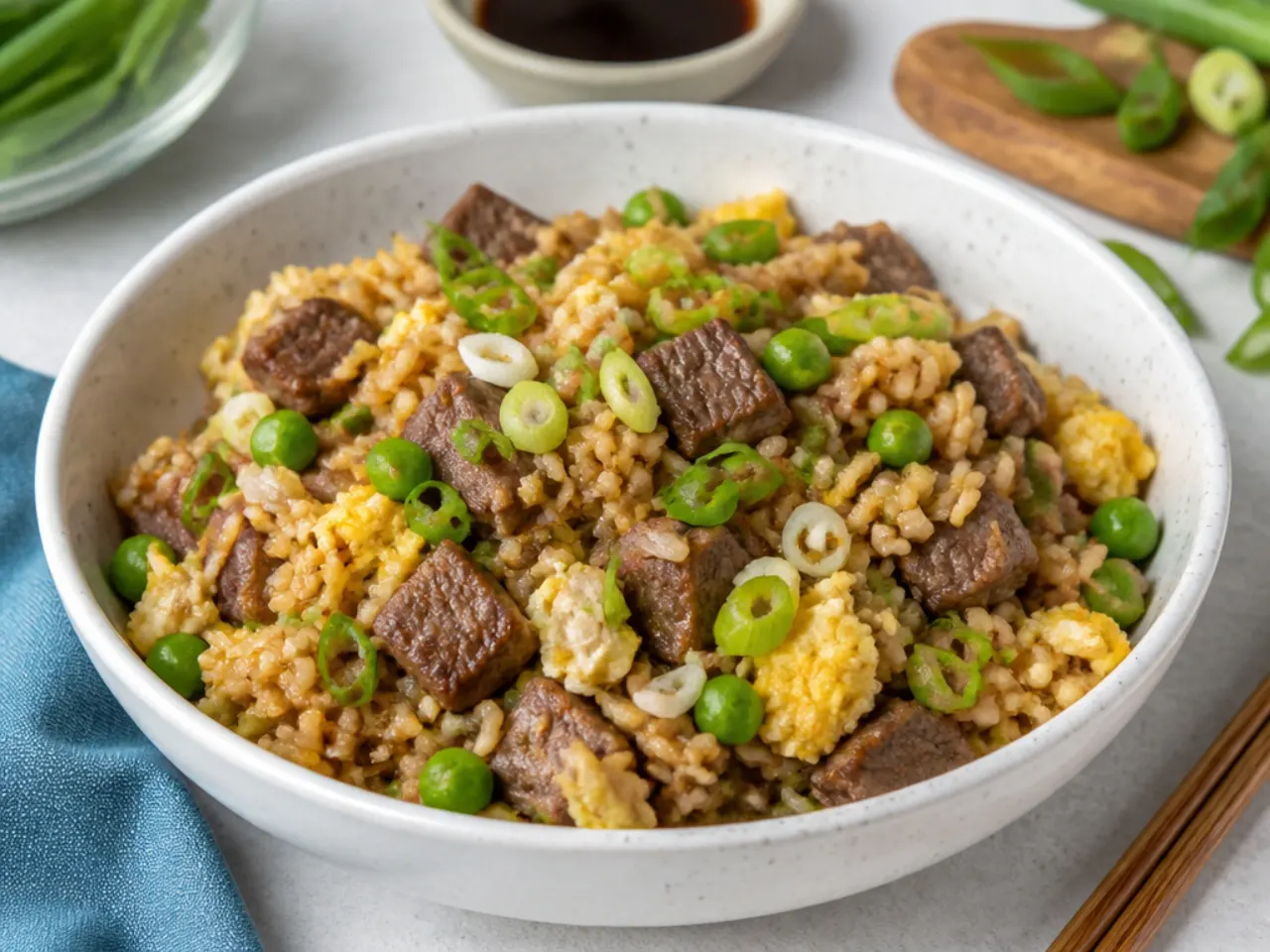 Easy Mongolian beef fried rice with egg, peas and leftover steak pieces