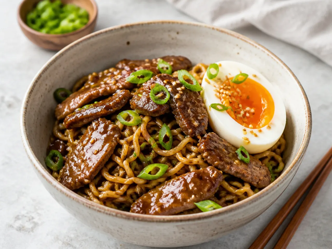 Easy Mongolian beef ramen noodles with soft boiled egg and spring onions