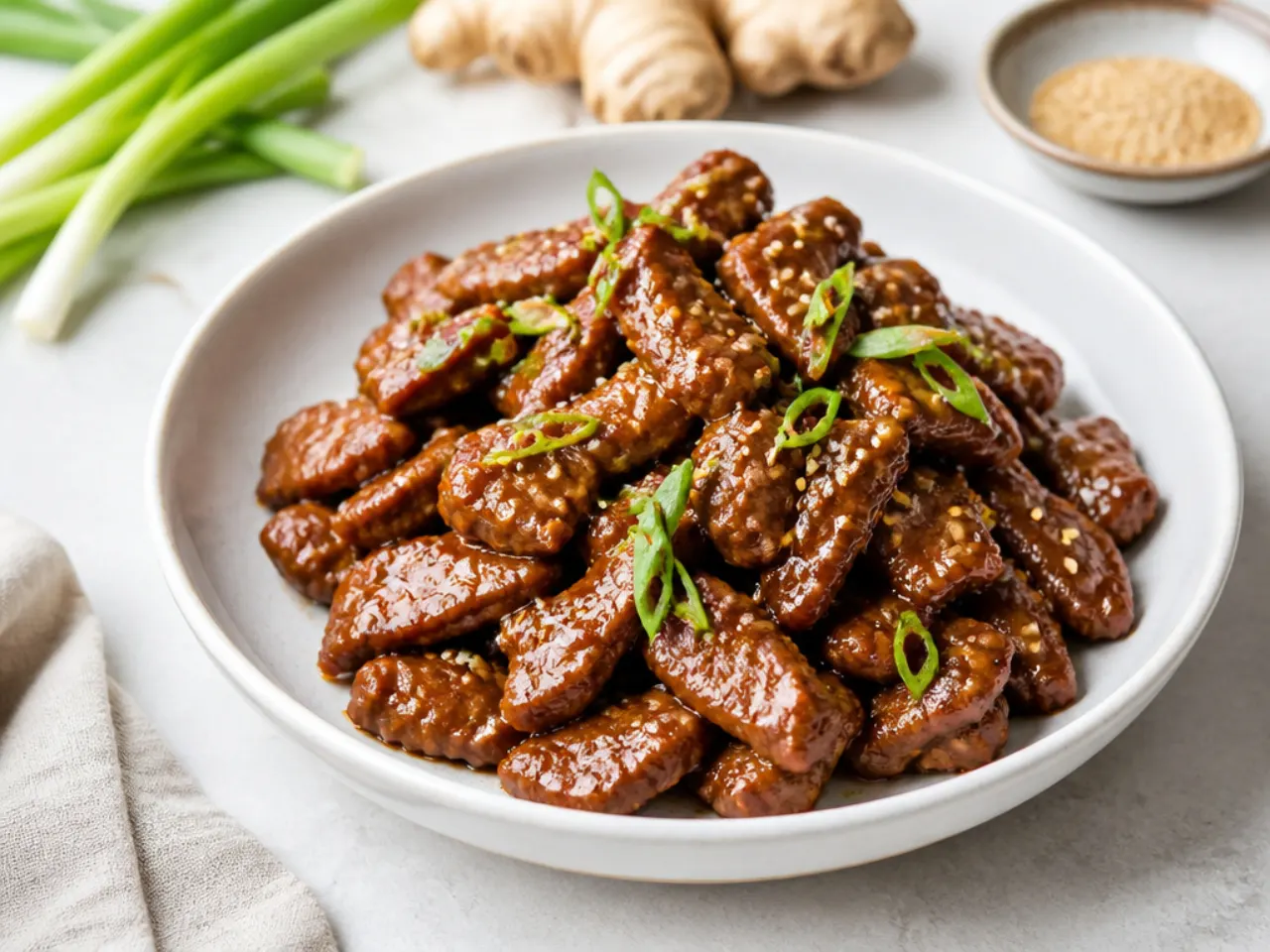 Honey ginger easy Mongolian beef with shiny glaze and fresh ginger