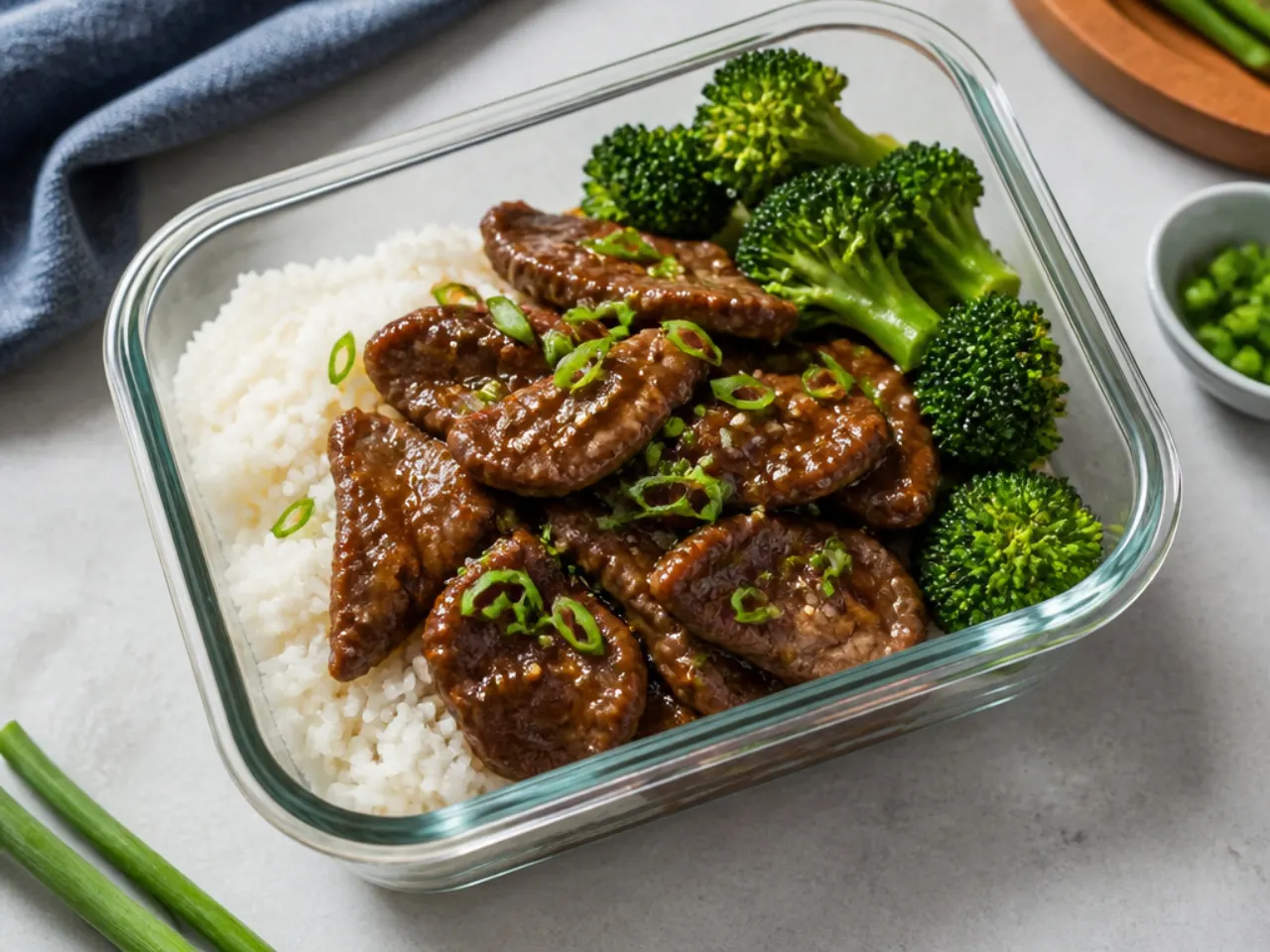 Easy Mongolian beef meal prep bowls with rice and broccoli in containers