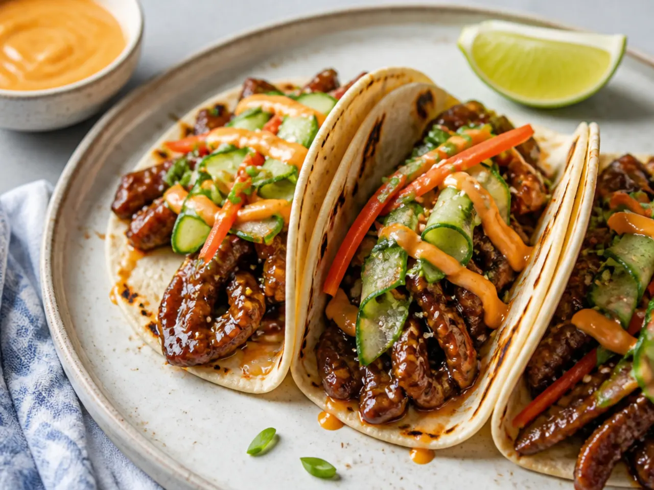 Easy Mongolian beef tacos with pickled cucumber and sriracha mayo
