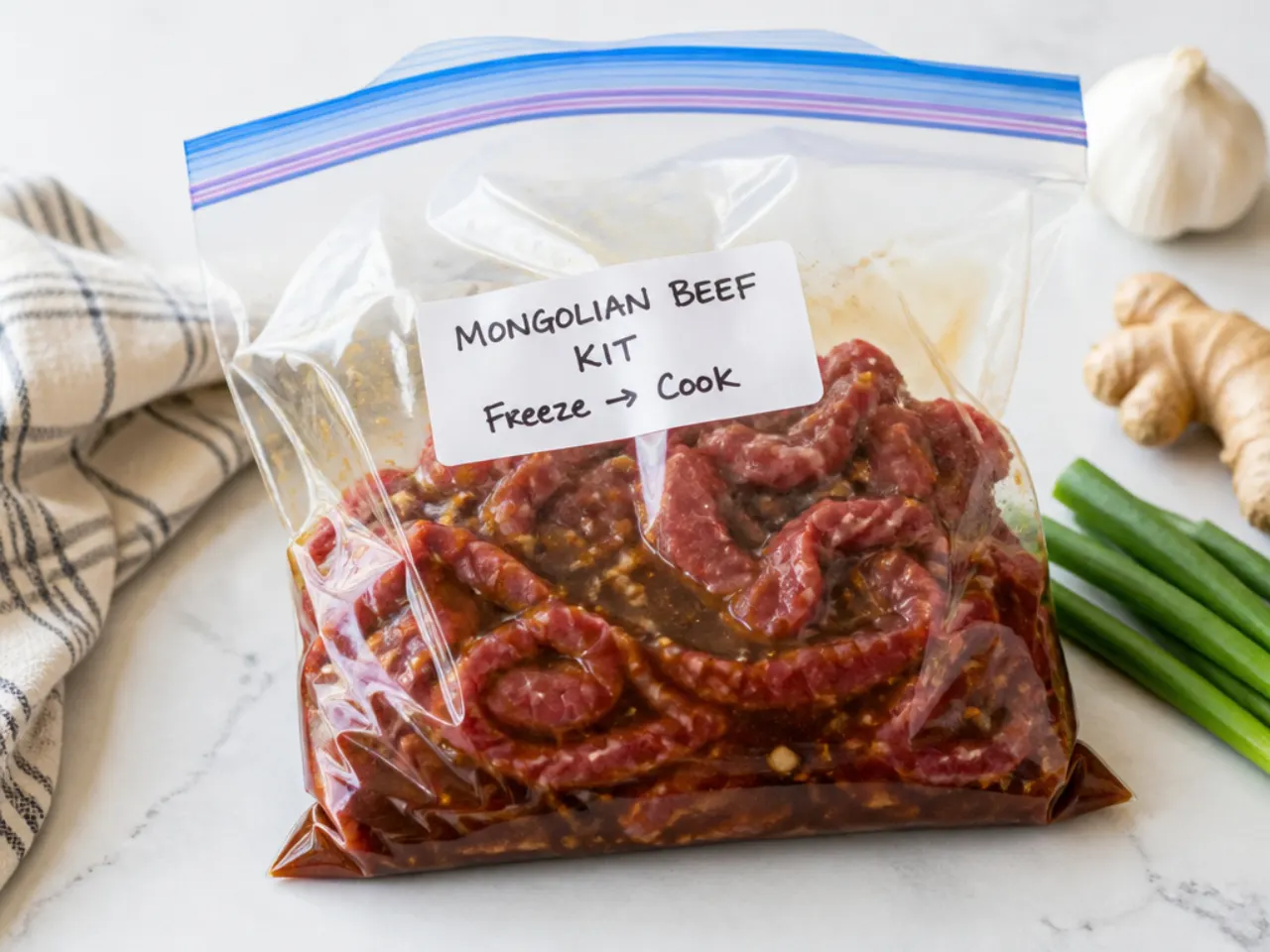 Freezer bag easy Mongolian beef kit with sliced raw steak and marinade