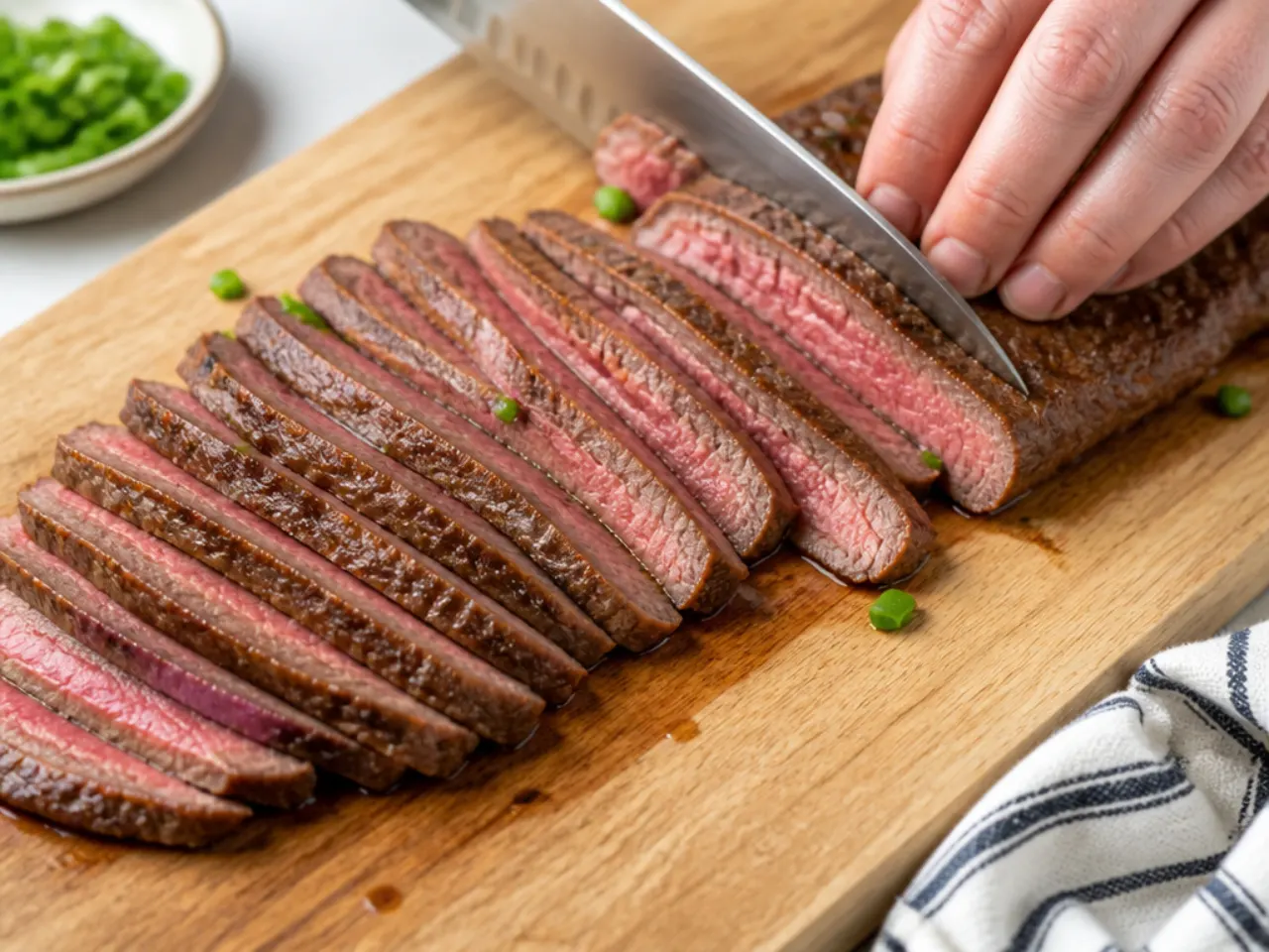 Slicing flank steak against the grain for easy Mongolian beef recipe