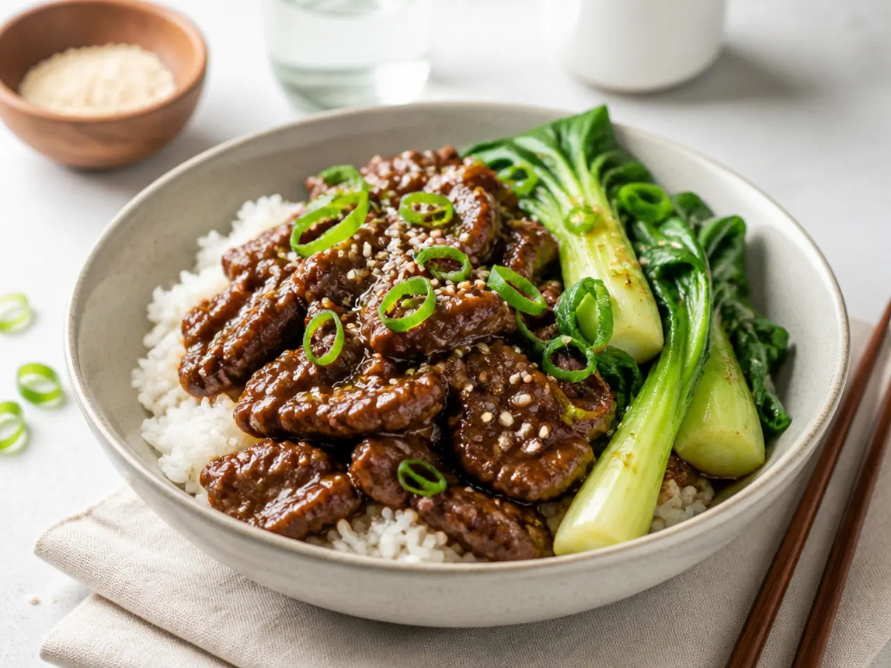 Easy Mongolian beef dinner served with jasmine rice, pak choi and sesame seeds