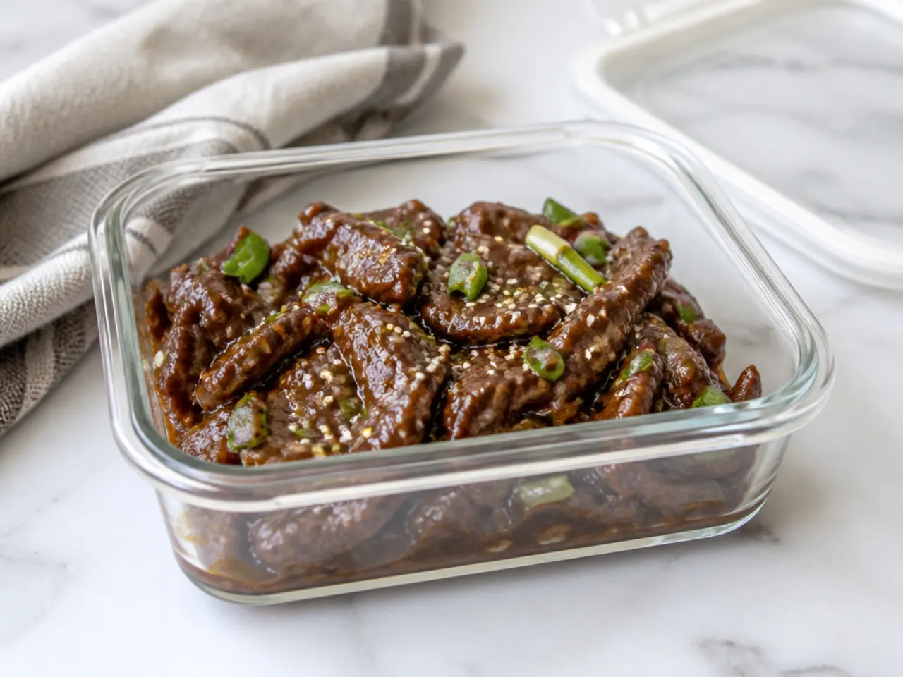 Leftover easy Mongolian beef stored in an airtight glass container