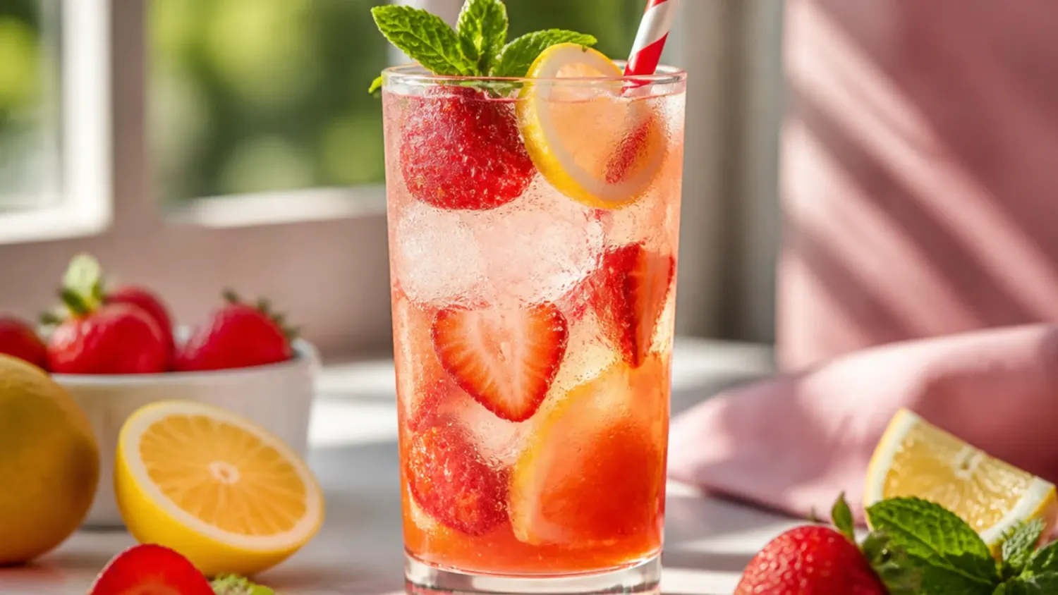 Table spread of 25 easy non alcoholic drinks in glasses with fresh fruit garnishes