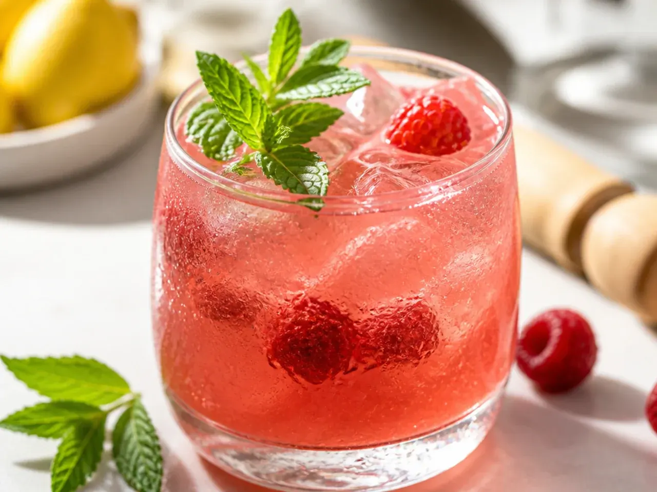 Colourful spread of easy non alcoholic drinks in glasses with fruit garnishes