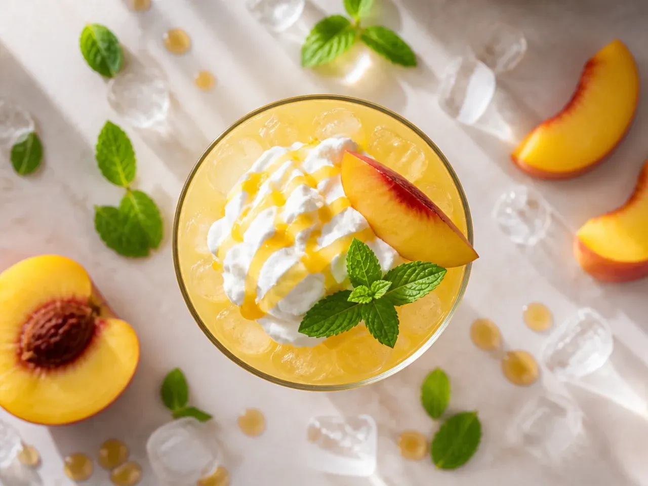 Iced peach green tea cooler in a tall glass with peach slices