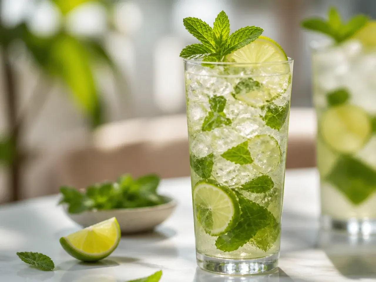 Classic virgin mojito with fresh mint and lime in a highball glass