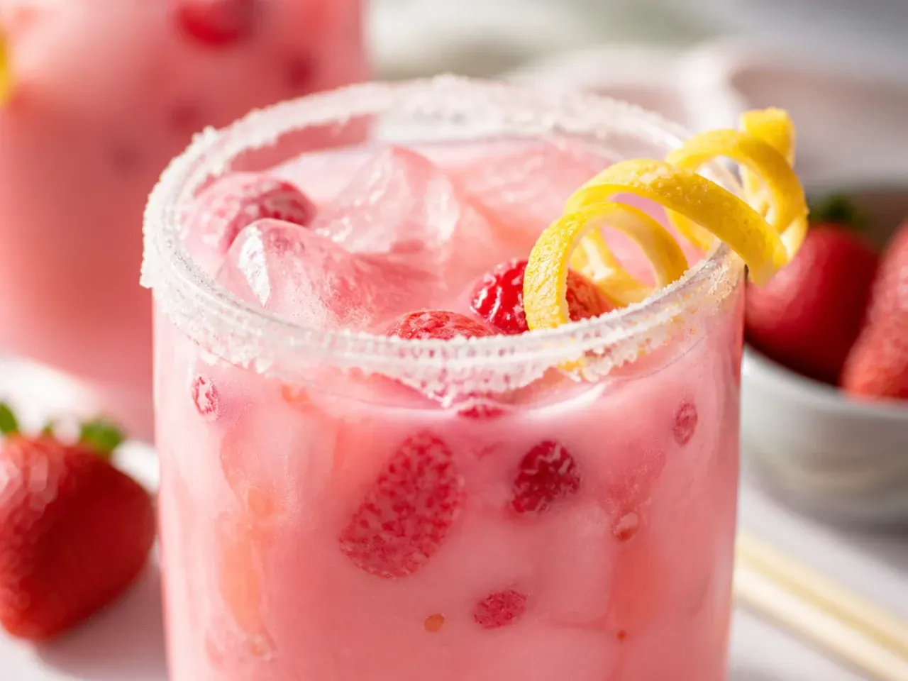 Copycat pink drink with coconut milk and strawberries over ice