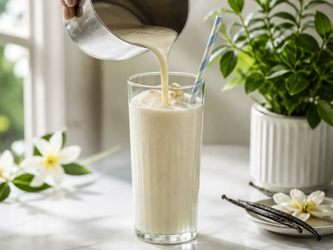 Creamy vanilla bean milkshake topped with whipped cream