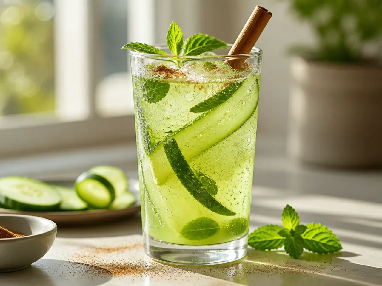 Refreshing cucumber mint cooler in a glass with cucumber ribbon garnish