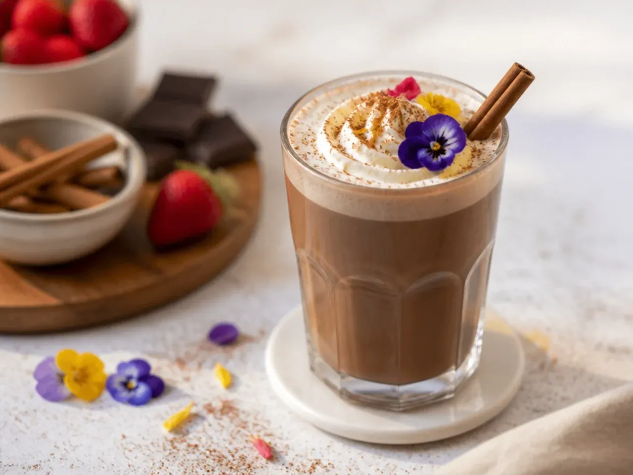 Cozy spiced hot chocolate in a mug with marshmallows and cinnamon
