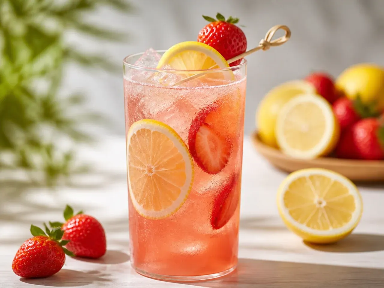 Sweet strawberry lemonade in a pitcher with strawberry and lemon slices