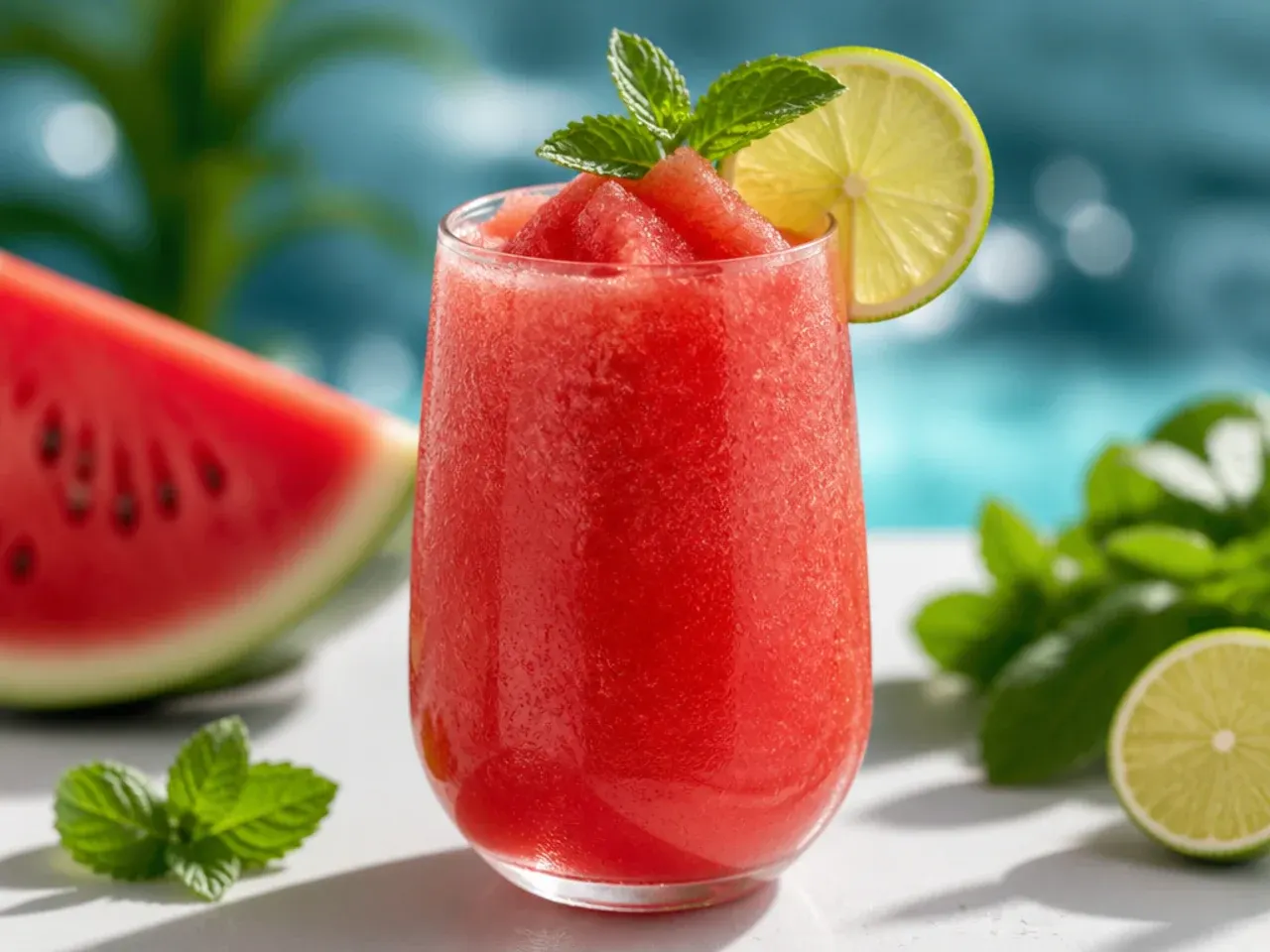 Frozen watermelon slush in a glass with a salted rim