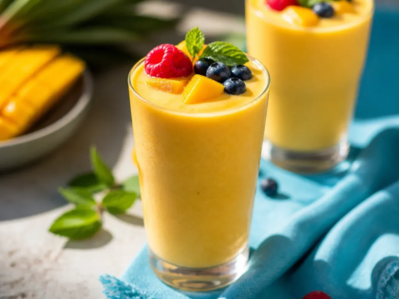 Blended mango lassi in a glass with cardamom garnish