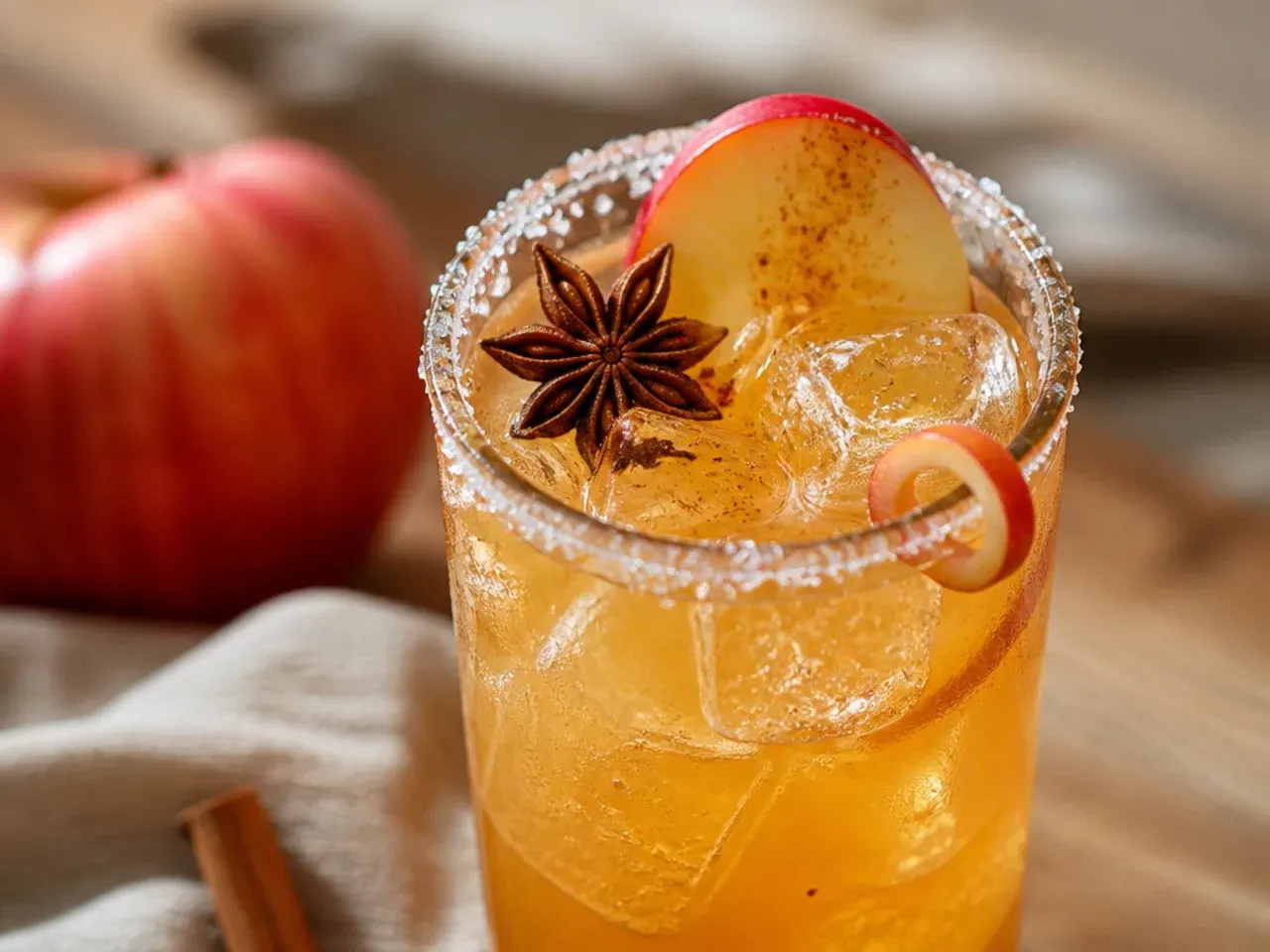 Spiced chai apple cider in a mug with cinnamon stick garnish