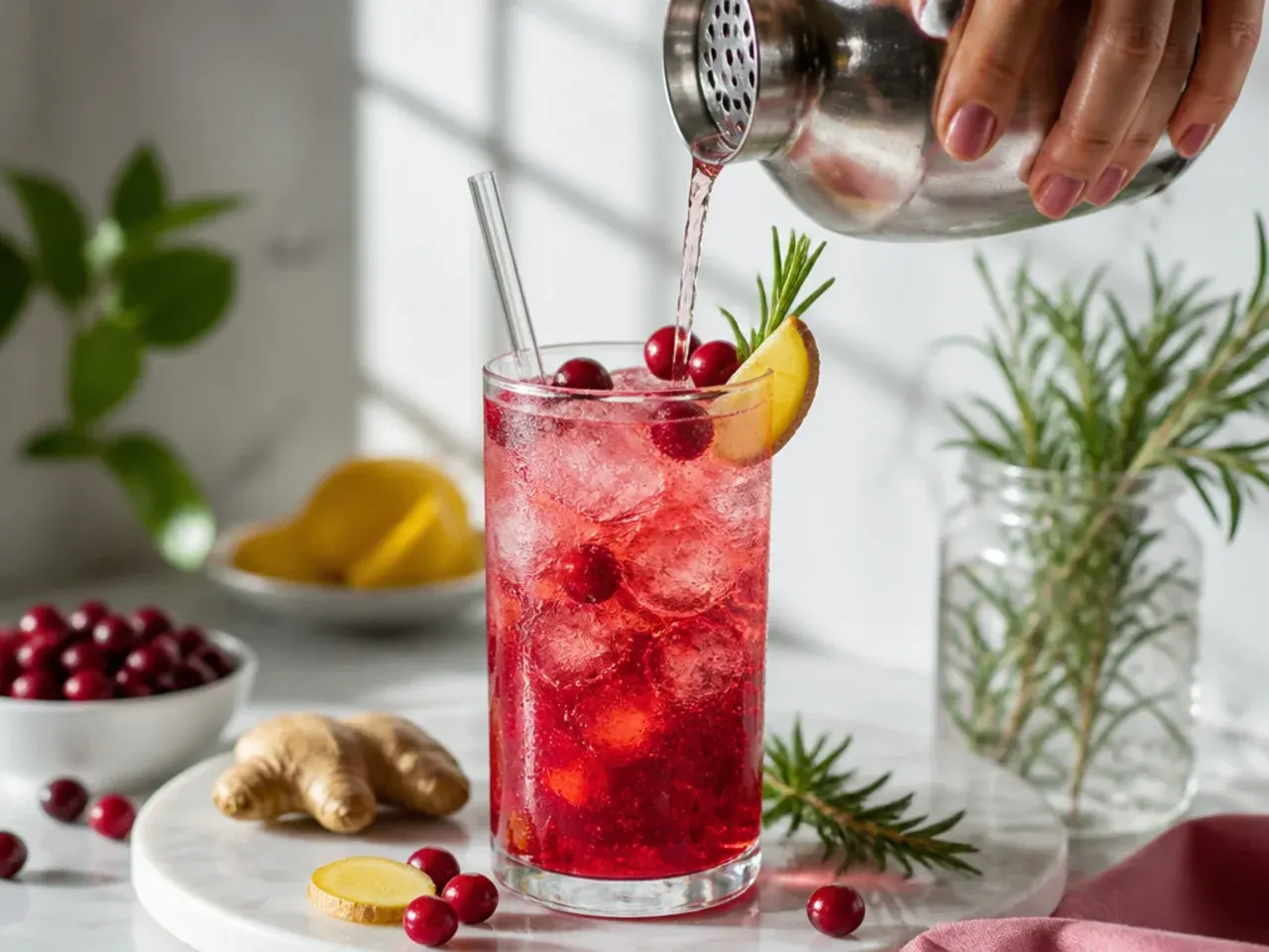Festive cranberry ginger fizz with rosemary sprig and ice