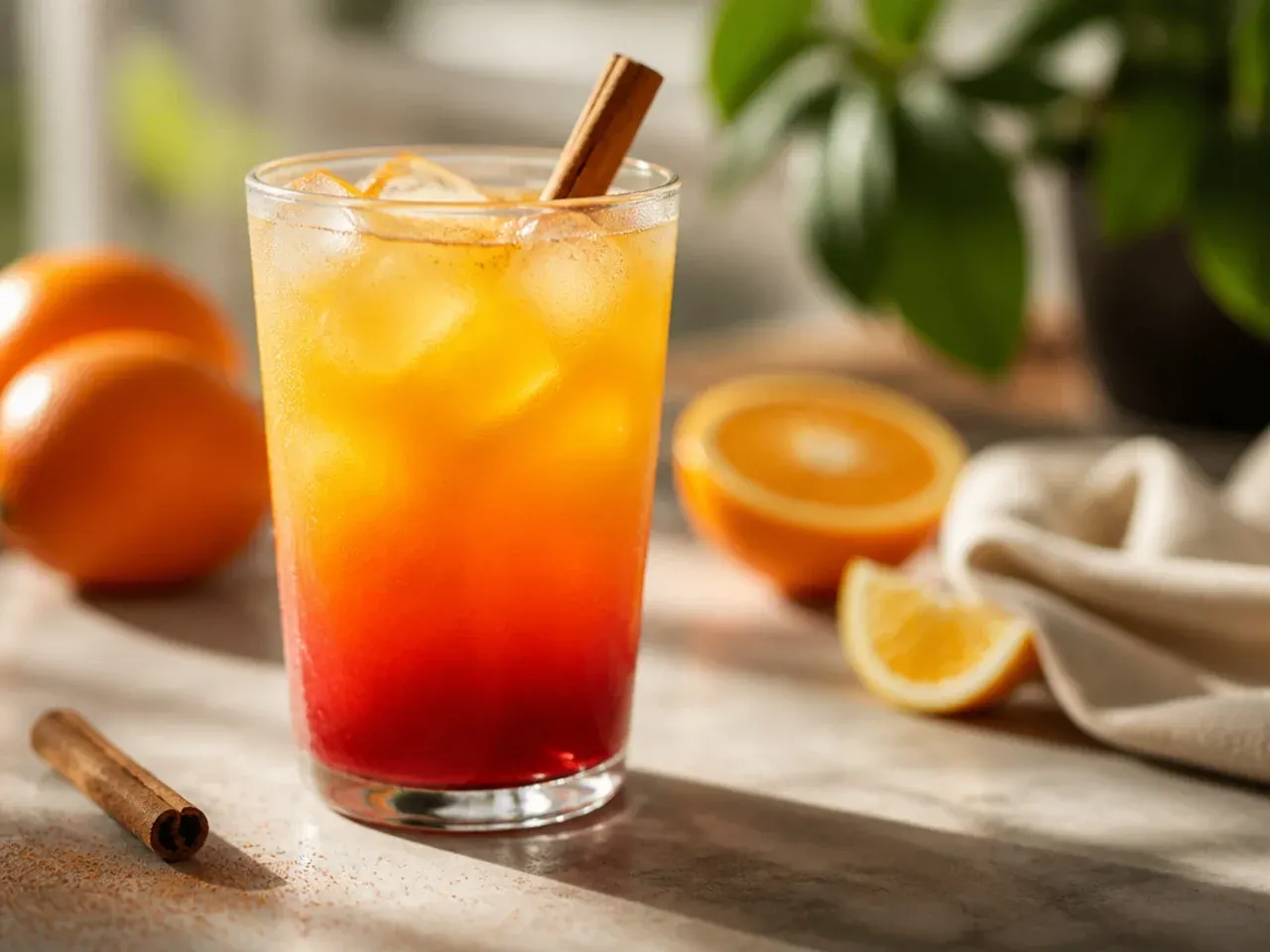 Layered sunset mocktail with orange juice and grenadine gradient