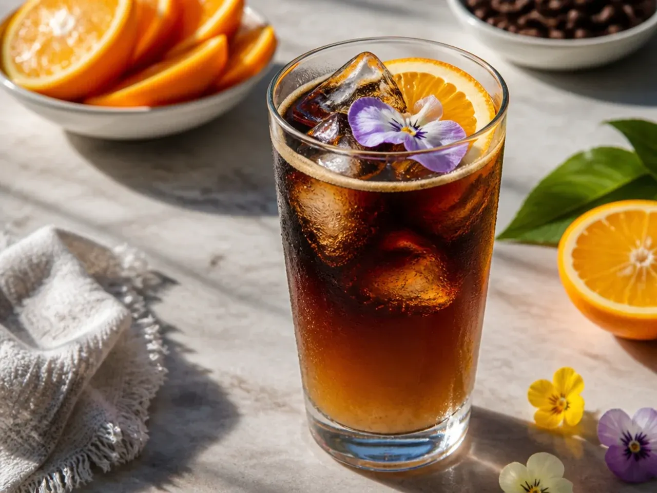 Bold espresso tonic layered in a glass with orange peel twist