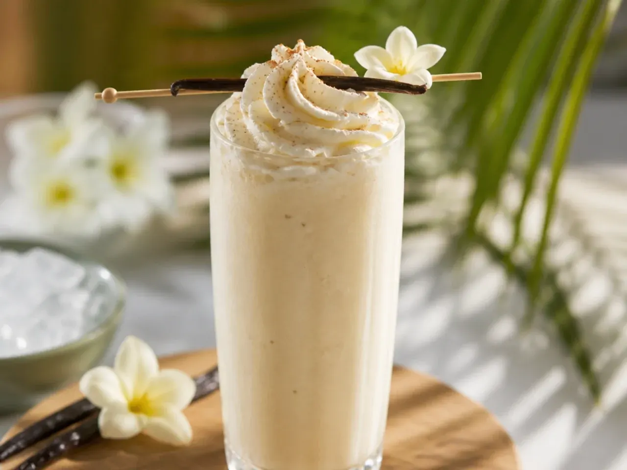 Smooth vanilla bean frappé topped with whipped cream in a tall glass