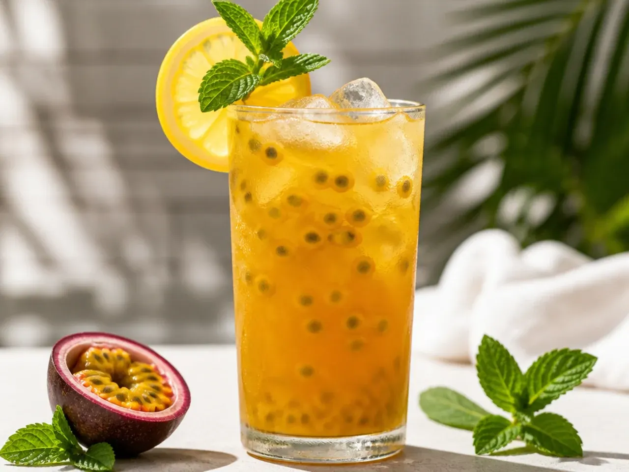Iced passionfruit green tea with visible passionfruit seeds