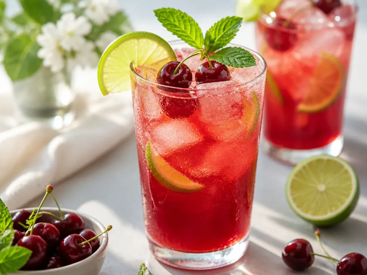 Copycat cherry limeade with maraschino cherries and lime wedge