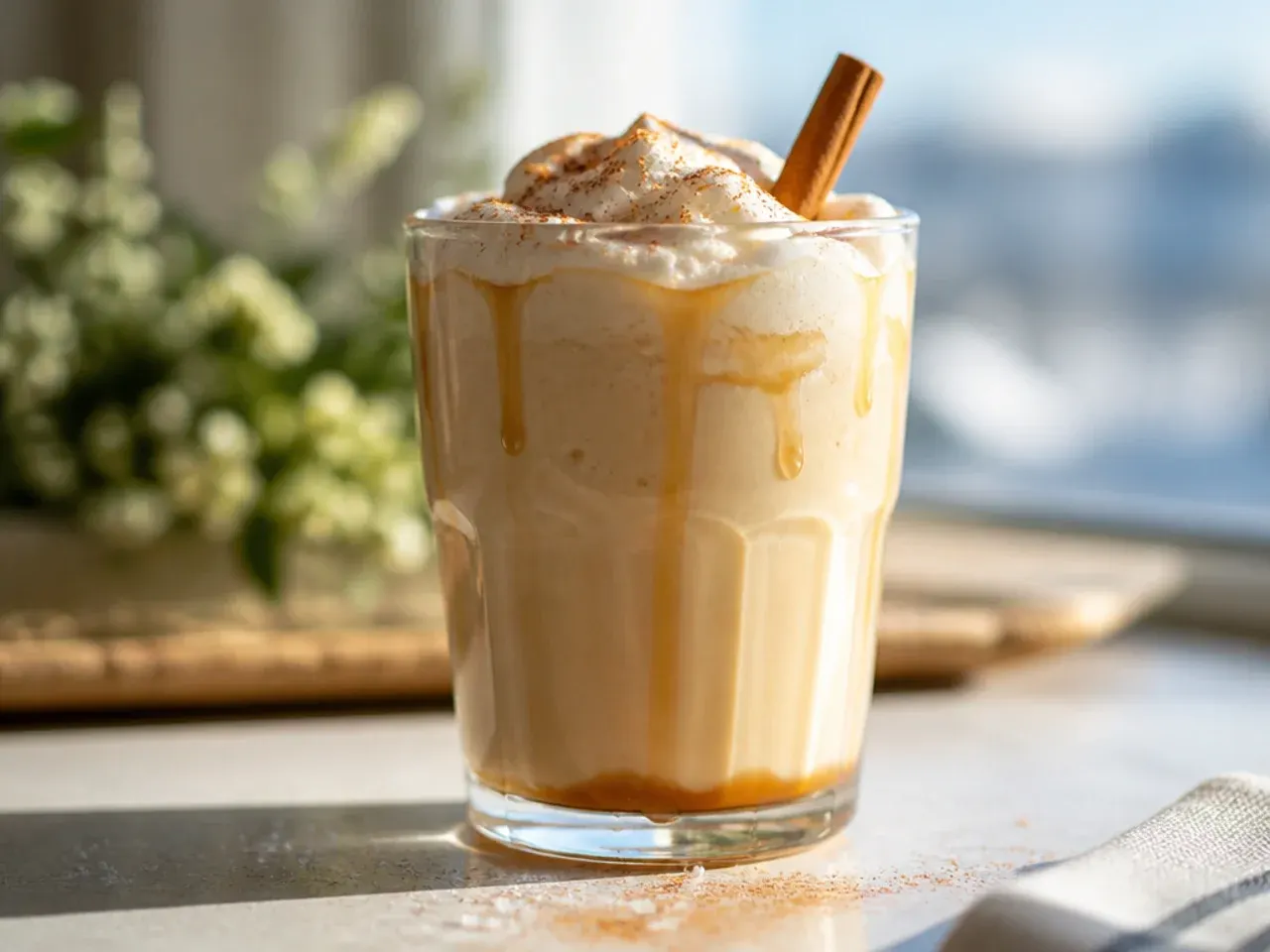 Cozy salted caramel steamer in a mug with caramel drizzle