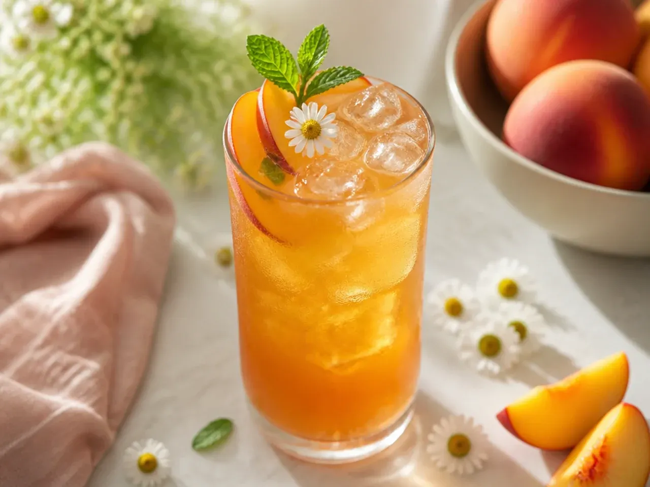 Sweet peach iced tea in a jug with sliced peaches