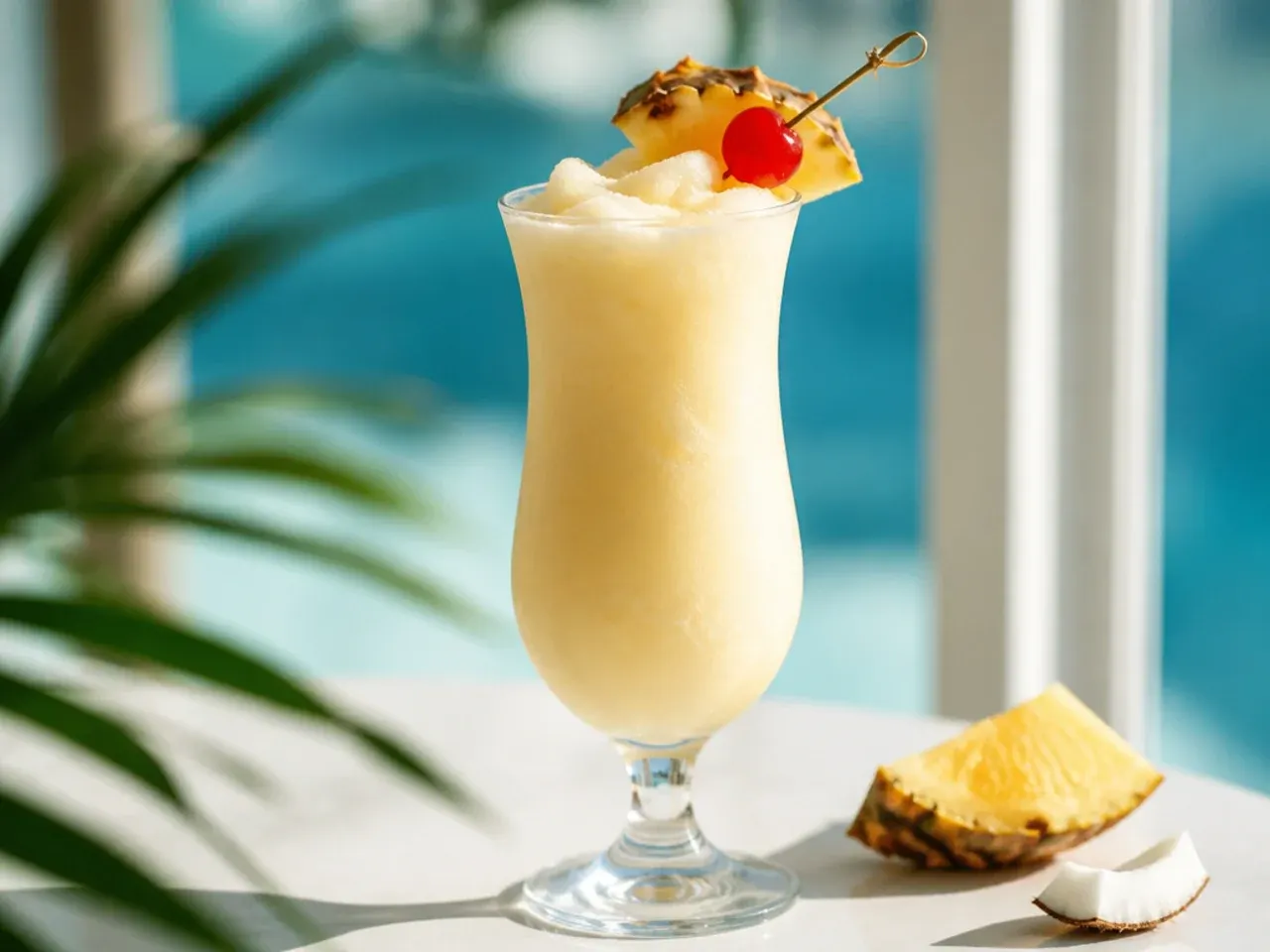 Frozen piña colada mocktail with pineapple wedge garnish