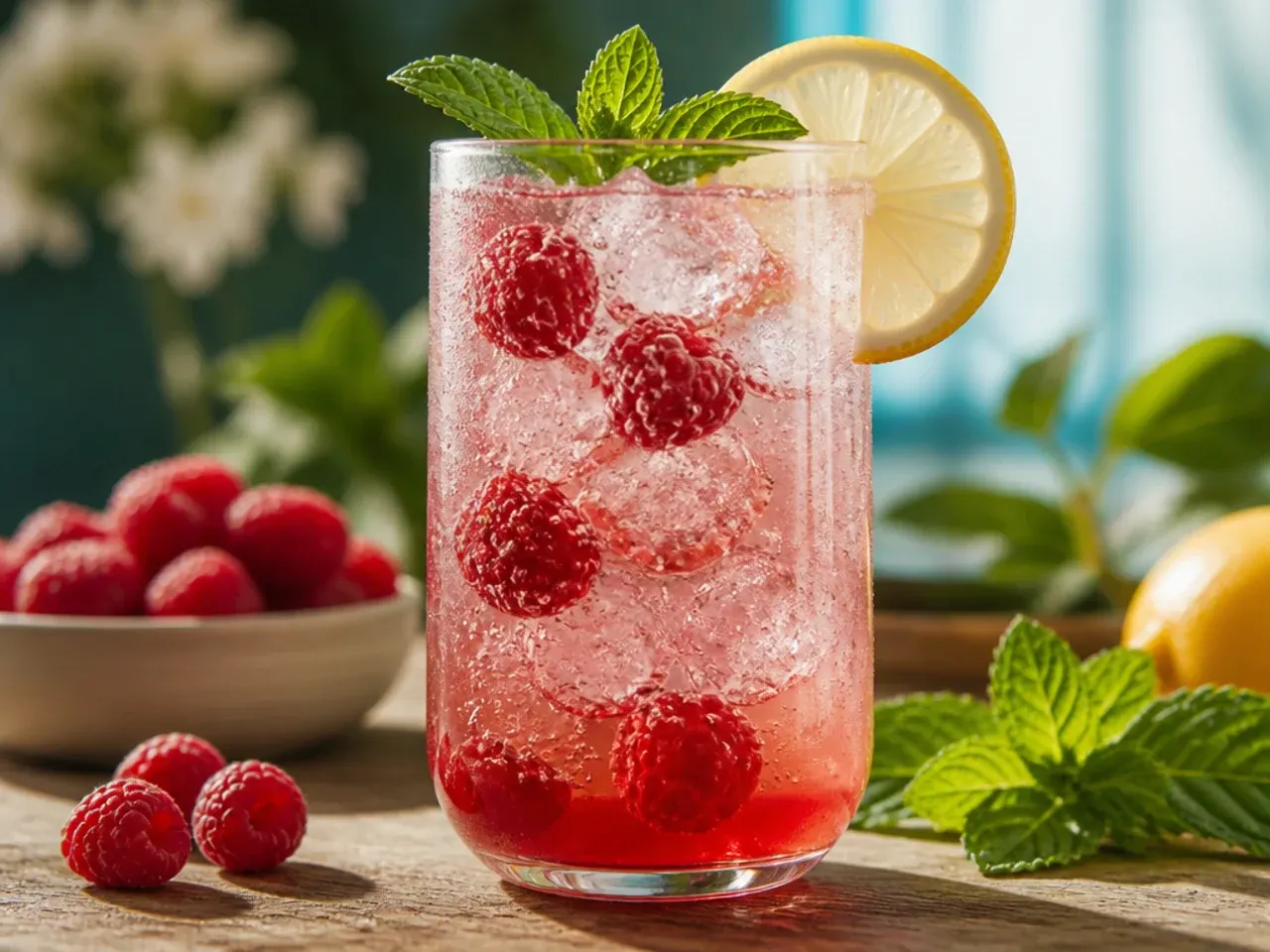 Easy sparkling raspberry lemonade in a glass jug with fresh raspberries