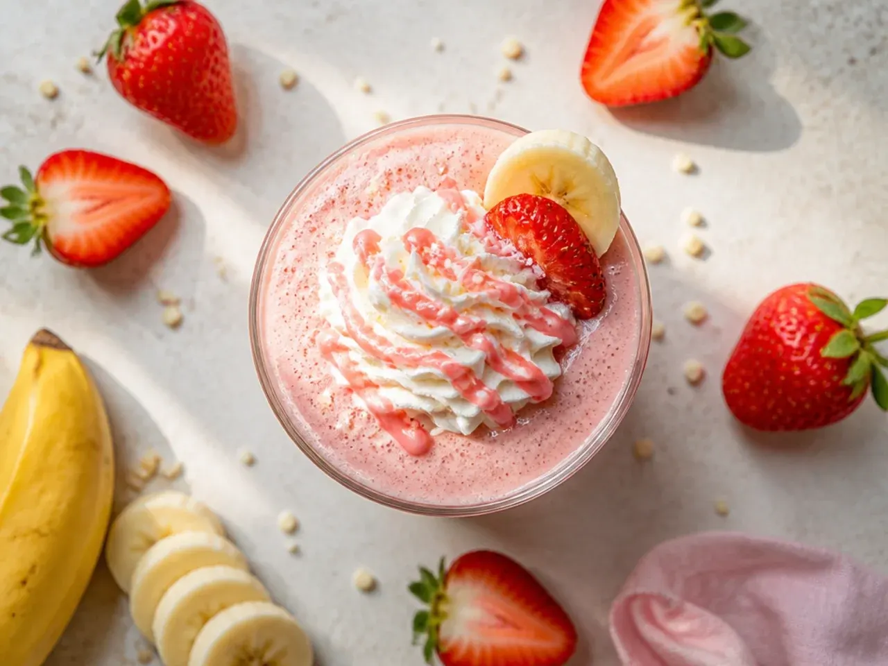 Blended strawberry banana smoothie in a glass with straw