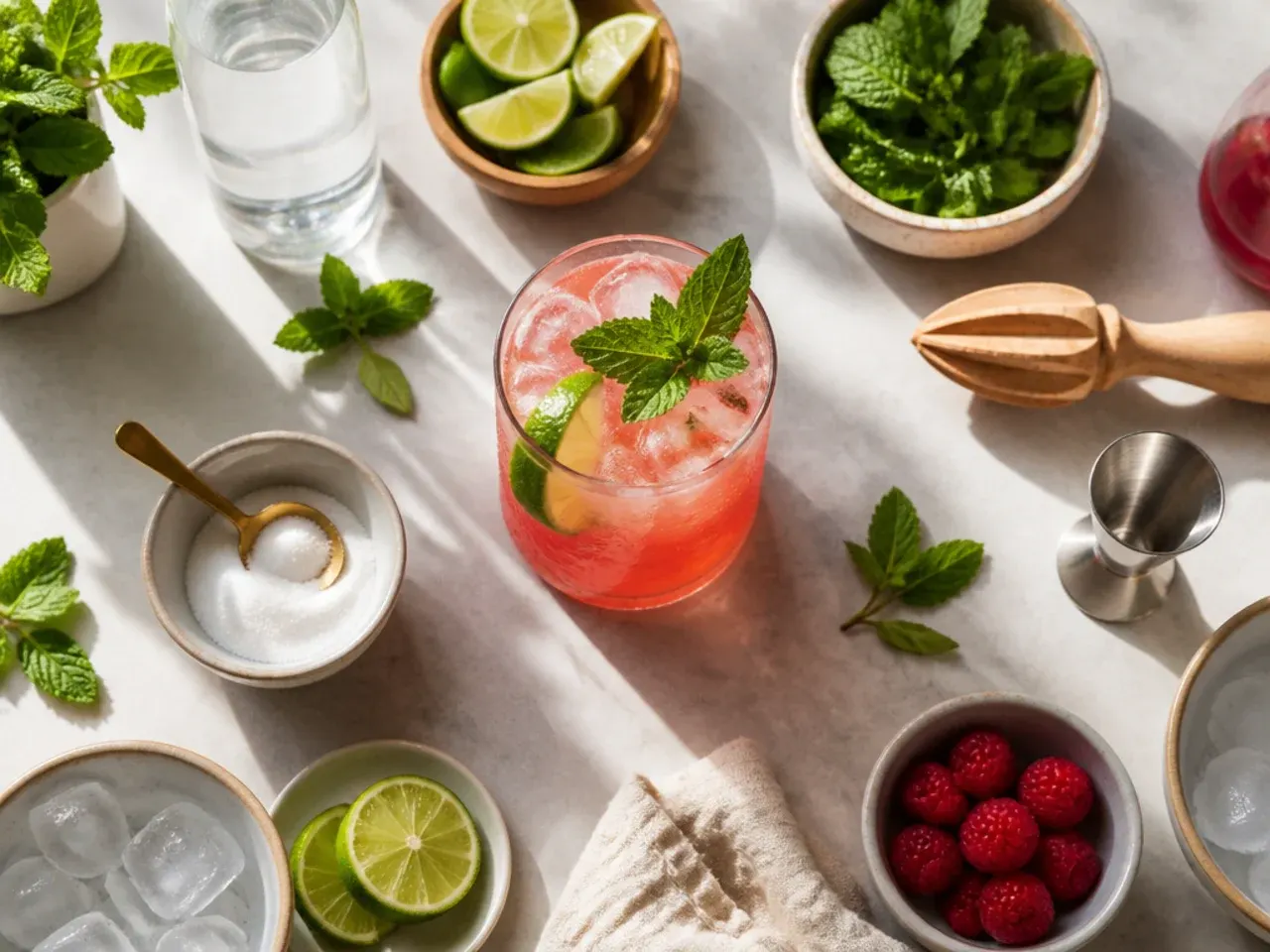 Bartender-style flat lay of drink-making tools and fresh garnishes