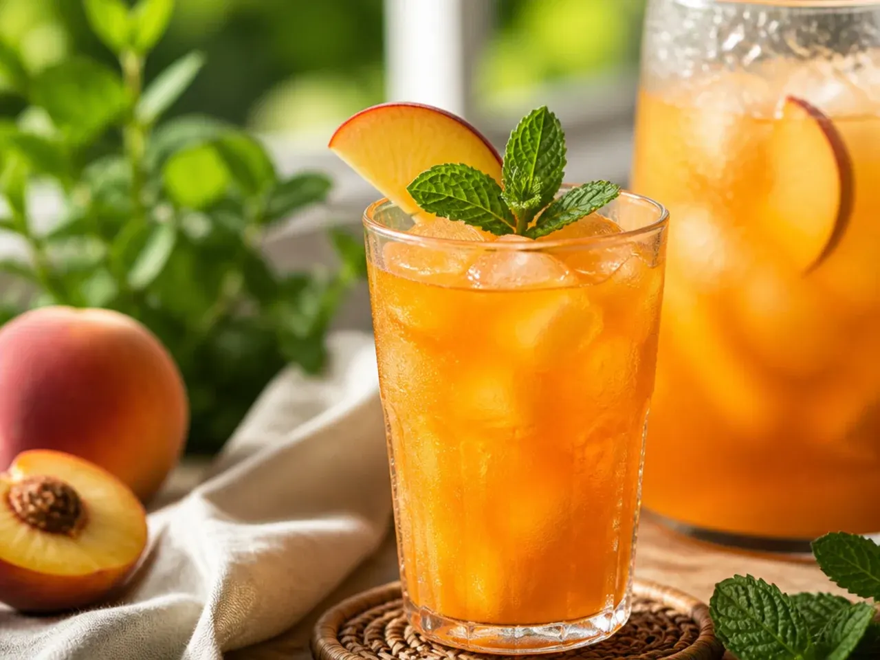 Pitcher of batch-made drinks with ice and fruit ready to serve